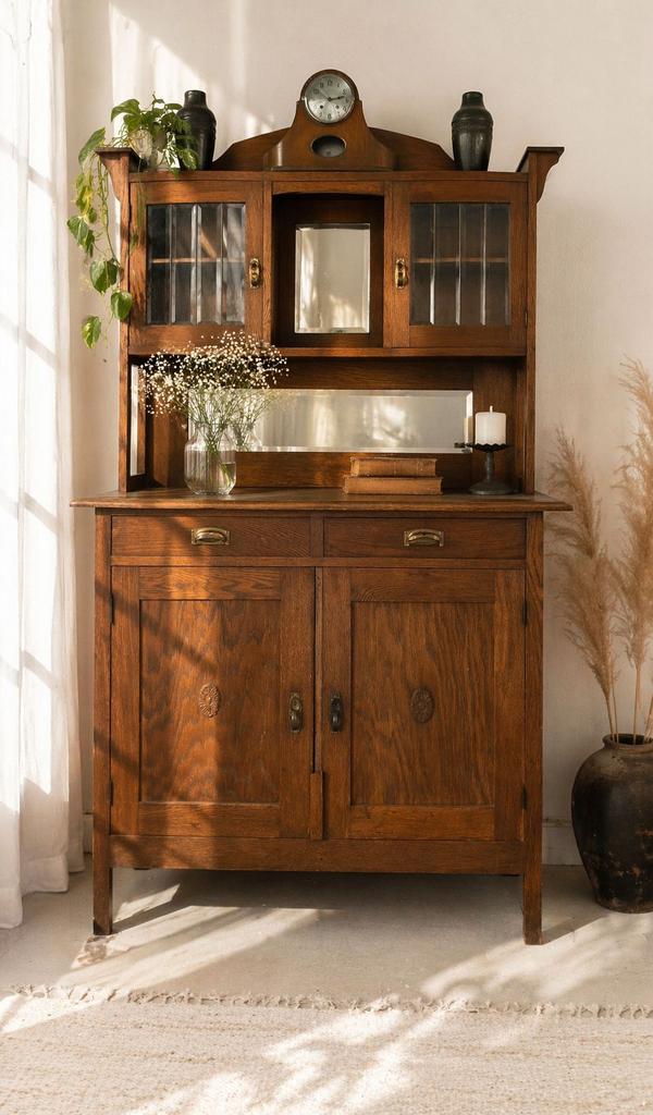 Art Deco buffet kast (Amsterdamse school stijl) glas in lood, Ophalen, 75 cm of meer, Art Deco Amsterdamse school, Glas