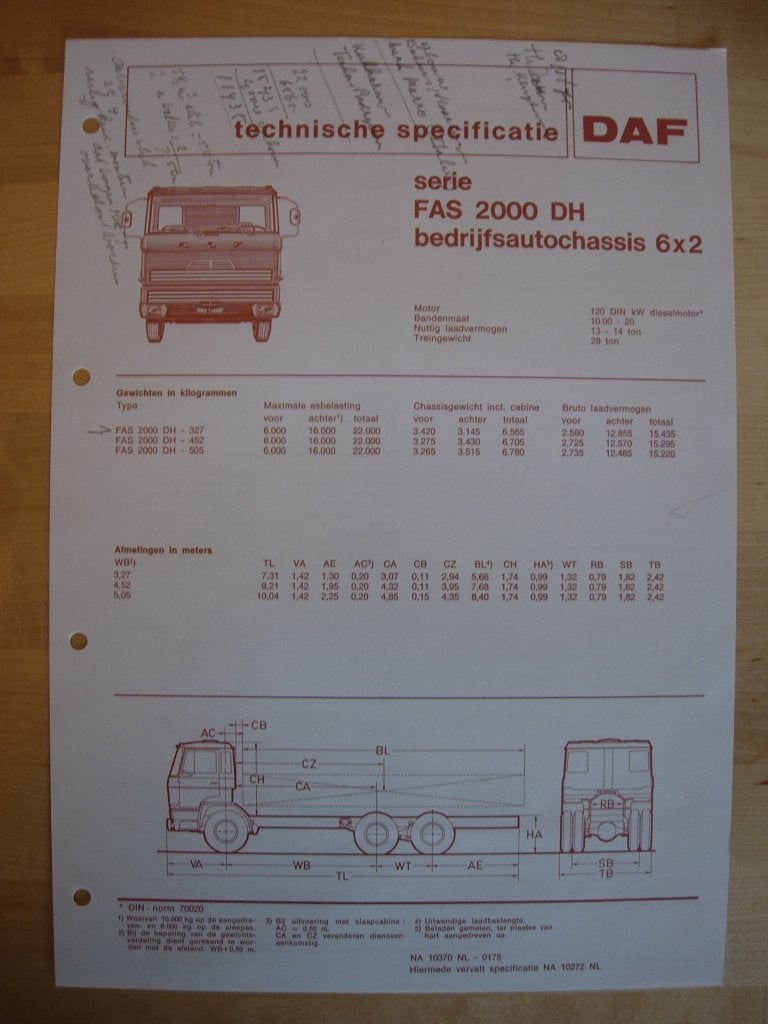 DAF FAS 2000 DH Technische Specificatie folder 1975 – 6x2, Ophalen of Verzenden, Zo goed als nieuw, Overige merken, DAF