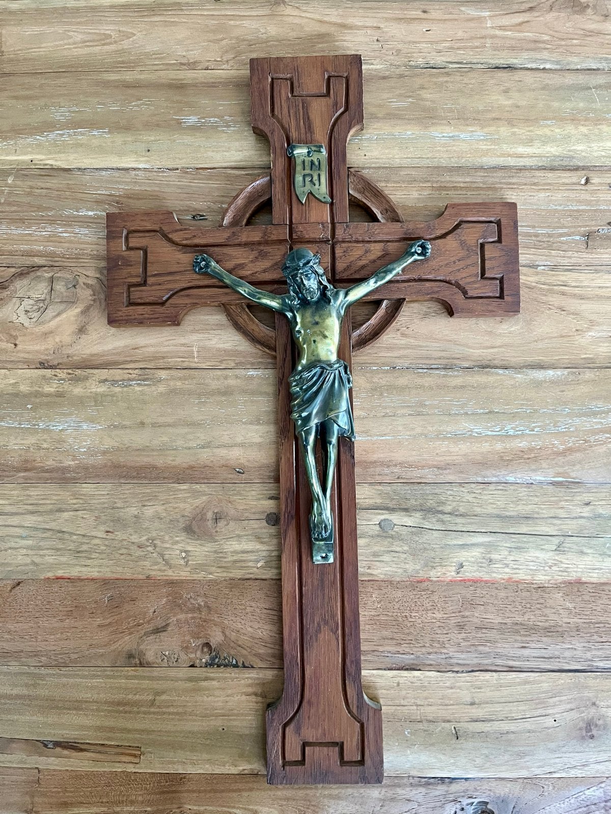 Antiek Houten Wandkruis met Bronzen? Corpus en INRI-bordje, Antiek en Kunst, Ophalen of Verzenden