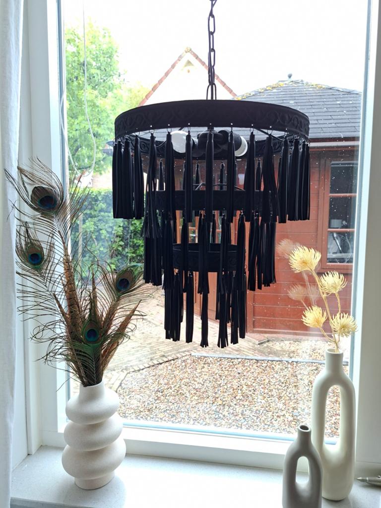 Handmade lamp met franje stoer en sober. In prijs verlaagd!!, Ophalen of Verzenden, Nieuw, Overige materialen, 75 cm of meer