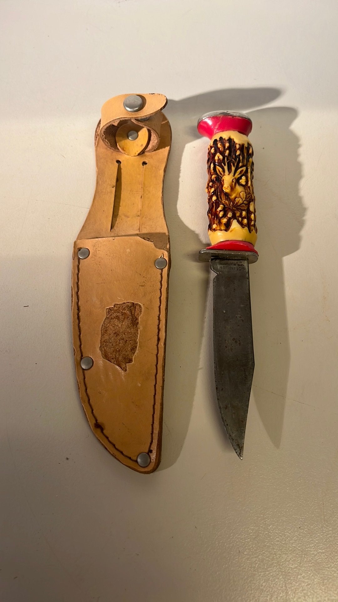 Jachtmes Solingen Germany compleet met leren schede 50’s, Ophalen of Verzenden