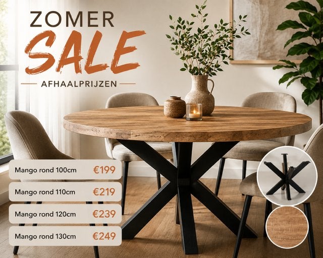 MANGO EETTAFEL ROND OP VOORRAAD GOEDKOOPSTE VAN NL!, Ophalen, Rond, Nieuw, Vijf personen of meer
