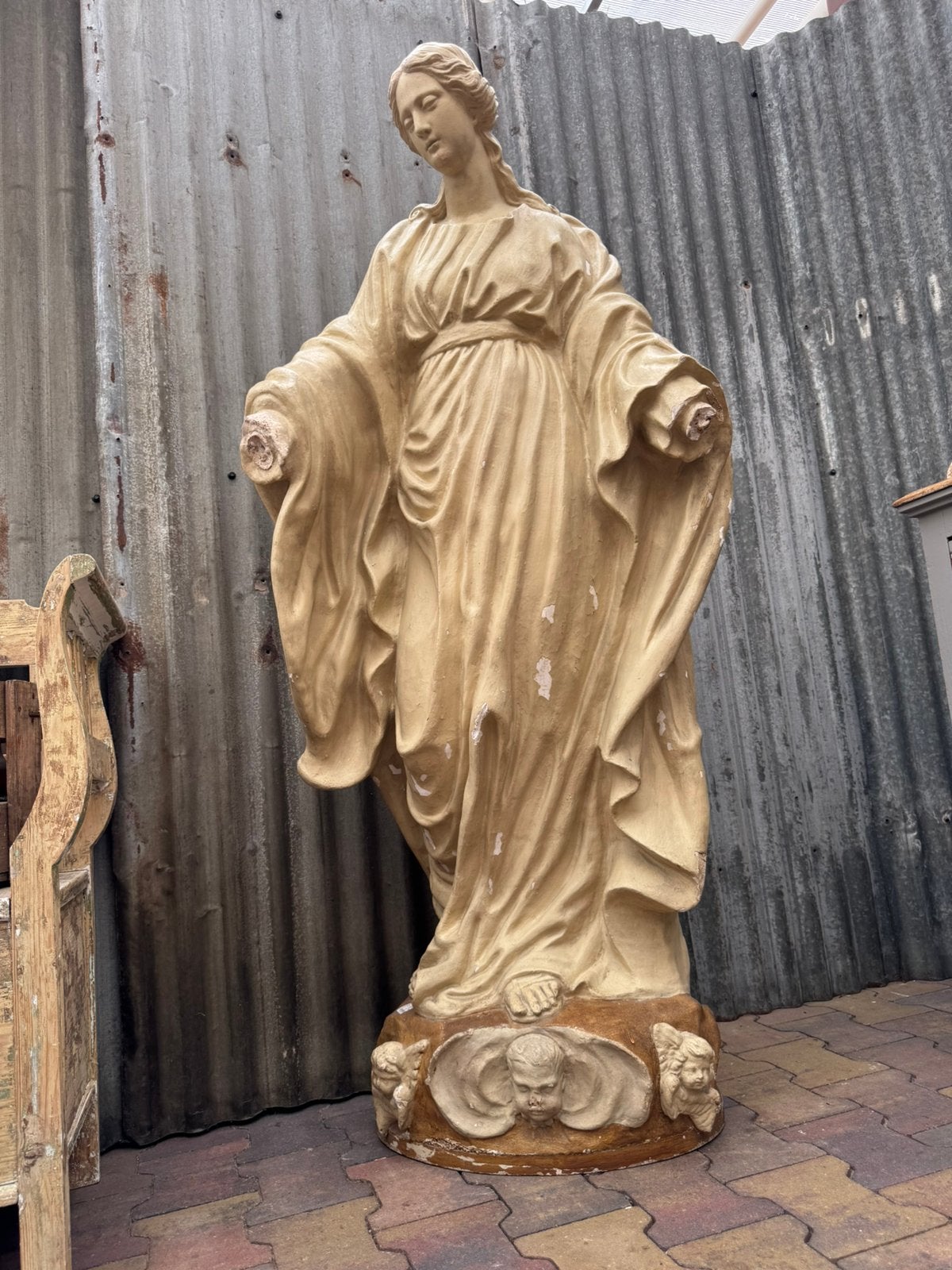 Heiligenbeeld, Maria, 1.63 h, houten sokkel, patine, Antiek en Kunst, Ophalen