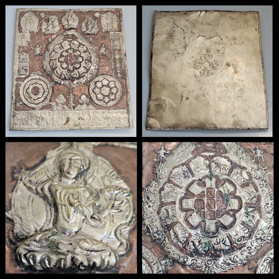 Tibet, antieke sipaho, ritueelkalender,  gedreven koper., China, Ophalen of Verzenden, Handgemaakt
