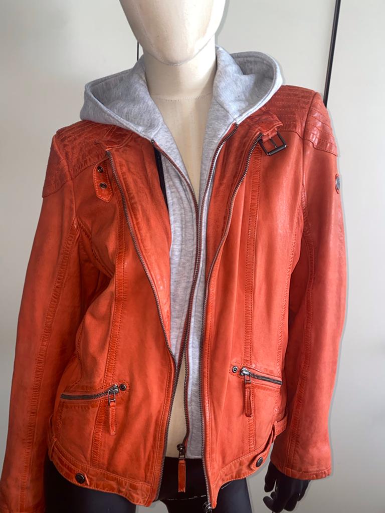Gipsy leren jas met capuchon, oranje, maat 40-42, Ophalen of Verzenden, Zo goed als nieuw, Maat 42/44 (L), Oranje