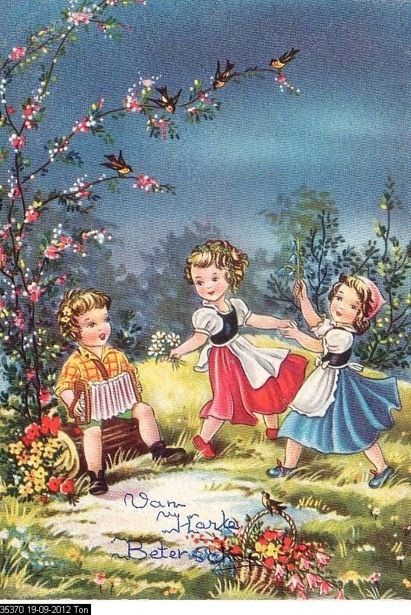 Ansichtkaart 	Kinderkaart	Dansende meisjes, jongen accordeon, Verzenden, 1940 tot 1960, Ongelopen, Kinderen