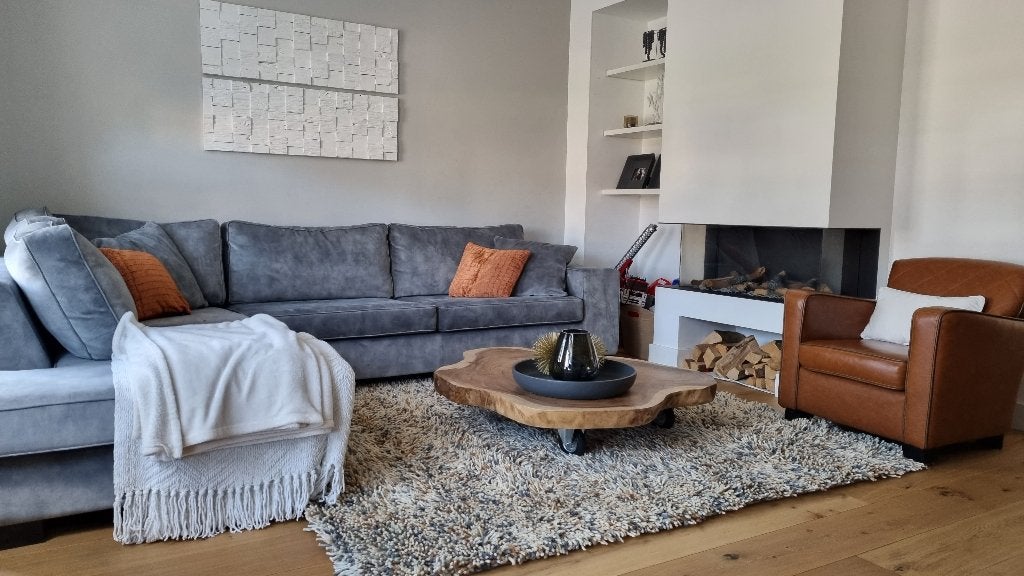 Hoogpolig wollen vloerkleed beige, bruin grijs/blauw, Ophalen, Modern, landelijk, 200 cm of meer, Zo goed als nieuw