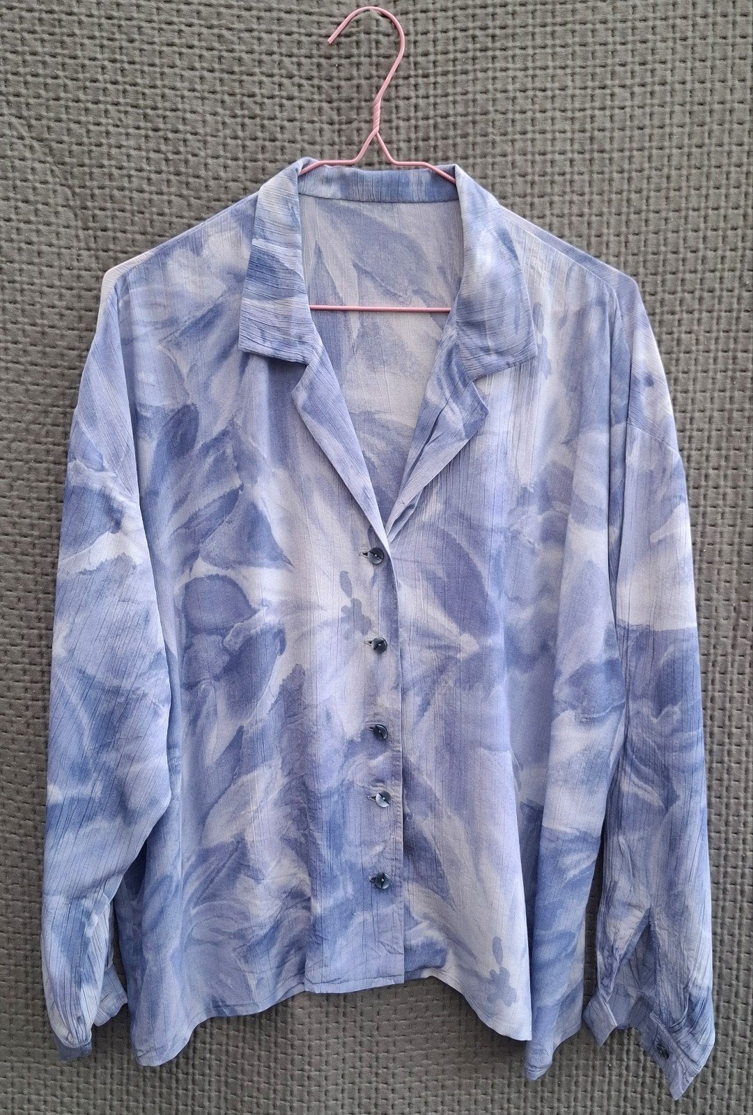 Vintage blouse, maat 42/XL - wit & blauw - bloemen - 90's, Blauw, N.V.T., Maat 42/44 (L), Vintage