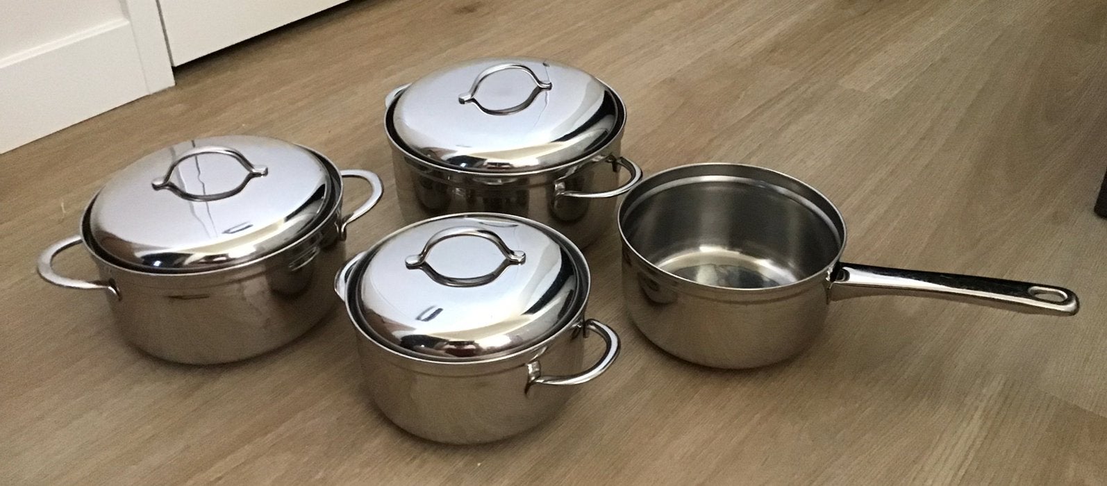 Pannenset BK 3 pannen met deksel, 1 steelpan, Pannenset, Ophalen of Verzenden, Zo goed als nieuw, Rvs