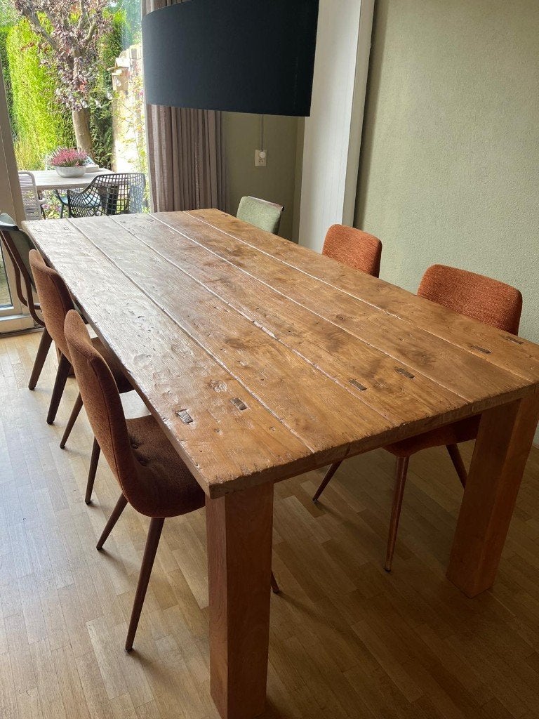 Massief (teak) houten eettafel, Ophalen, Gebruikt, Teakhout, 200 cm of meer