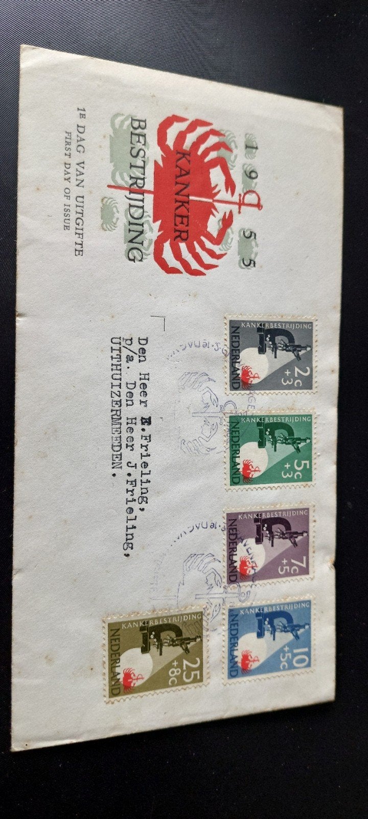 Eerste dagenvelope  E23 kankerbestrijdind 1955., Postzegels en Munten, Postzegels | Eerstedagenveloppen, Ophalen, Beschreven, Nederland