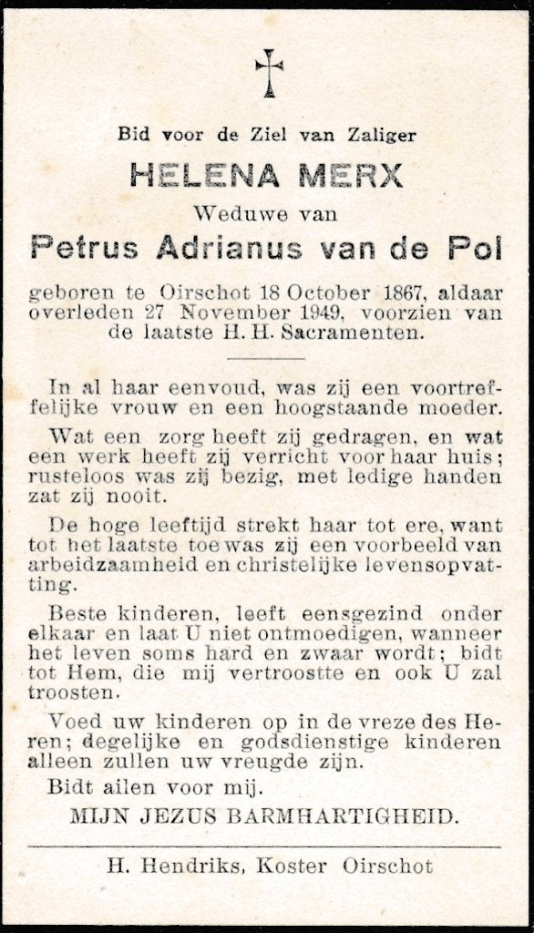 Merx Helena 1867 Oirschot 1949, Ophalen of Verzenden, Bidprentje