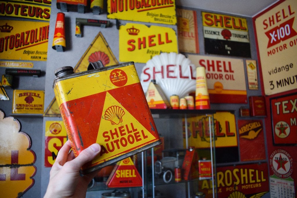 Zeldzame Autooel Shell olie blik uit 1930, Ophalen of Verzenden, Gebruikt, Reclamebord