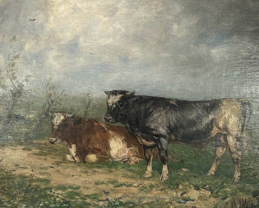 199. Olieverfschilderij – koe en stier, 19e eeuw, Antiek en Kunst, Ophalen