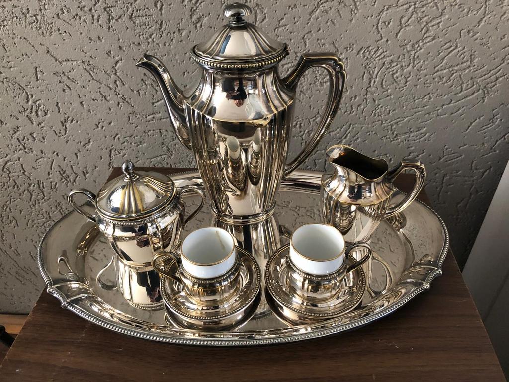 Verzilverd koffieservies met dienblad en kopjes, Ophalen of Verzenden