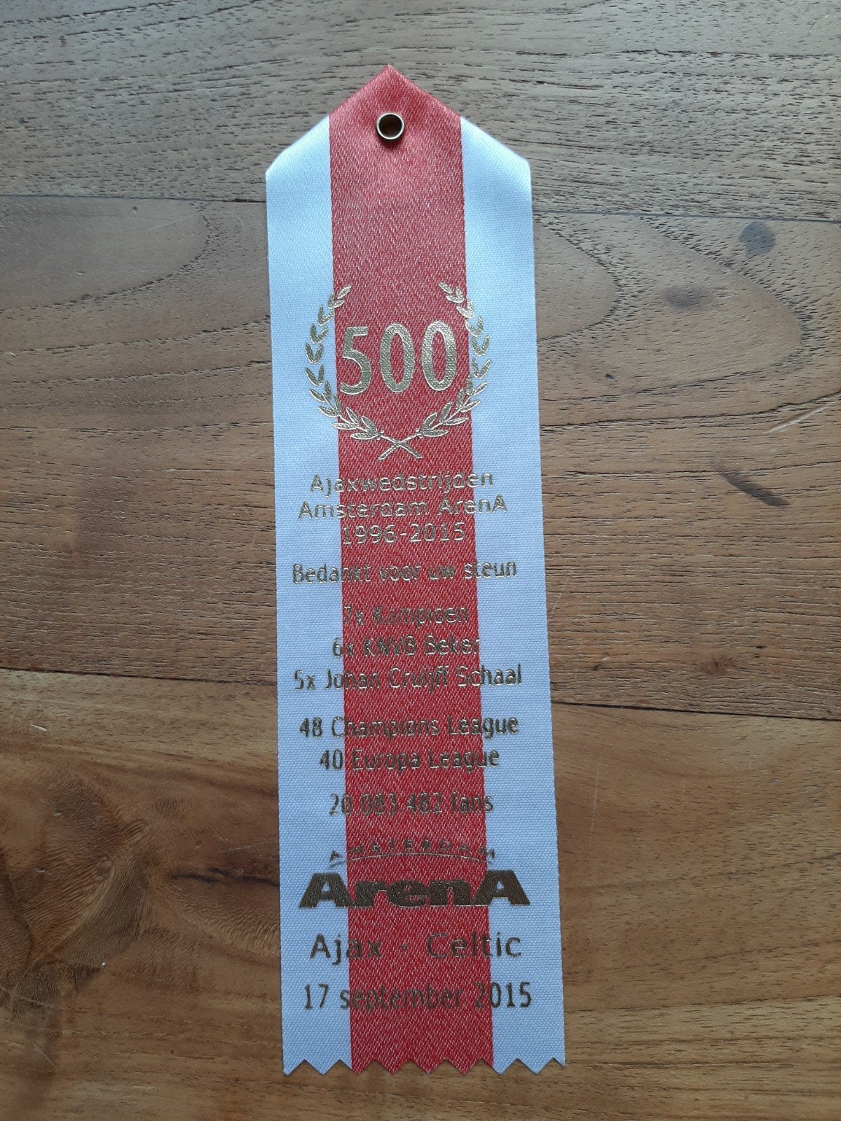 Ajax vaantje 500 wedstrijden Arena. 17-09-2015 Ajax - Celtic, Ophalen of Verzenden, Zo goed als nieuw, Gebruiksvoorwerp
