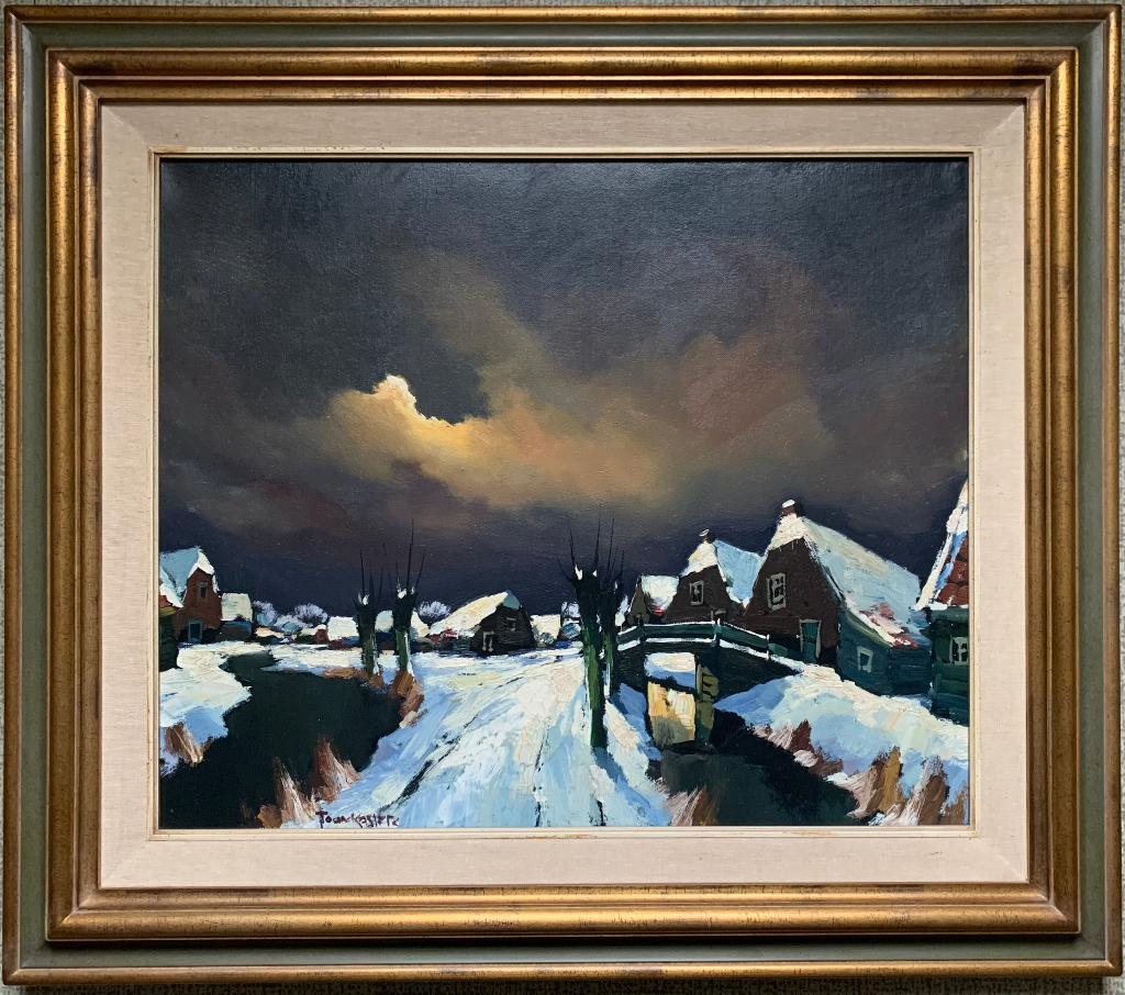 Winters dorpsgezicht – Toon Koster (1913–1989), Antiek en Kunst, Kunst | Schilderijen | Klassiek, Ophalen of Verzenden