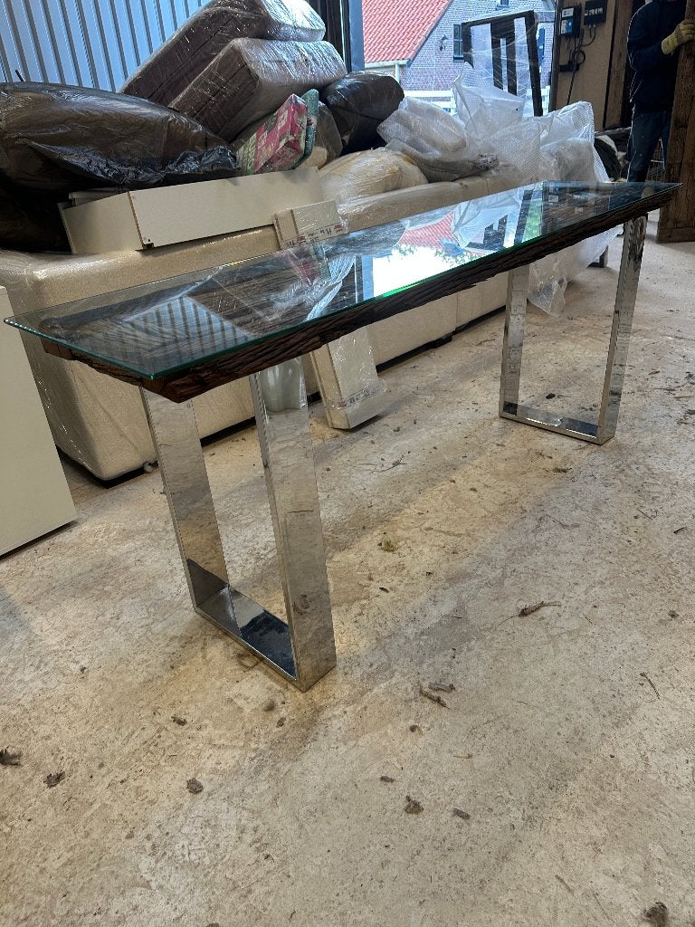 Rofra Home Railway sidetable – 190 cm – Spoorbielshout, glas, Gebruikt, Ophalen of Verzenden, Rofra Home, Teakhout