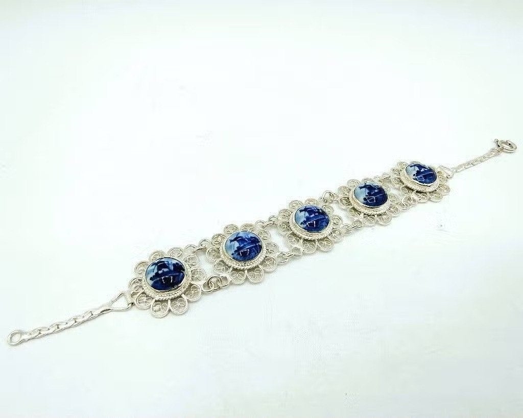Authentieke Delfts blauwe zilveren armband, 18 cm