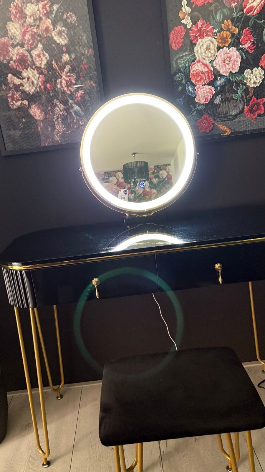 Zwart kaptafel met verlichte spiegel en krukje, Ophalen, Zo goed als nieuw, Hout, 100 tot 150 cm