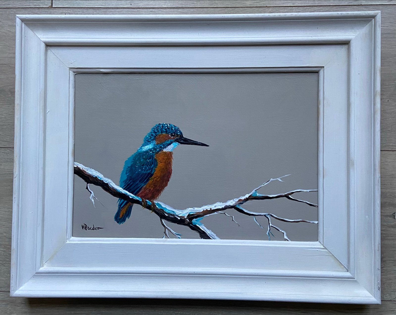 Olieverf Schilderij H. Poeder (1964) - IJsvogel op tak, Antiek en Kunst, Paneel, Verzenden, Realistisch, Dieren