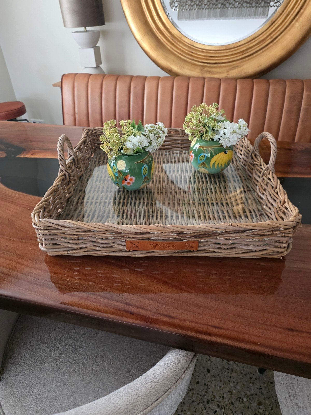 Rotan dienblad met glazen plaat, Natuurlijk materiaal, Ophalen of Verzenden, Dienblad, Rechthoekig