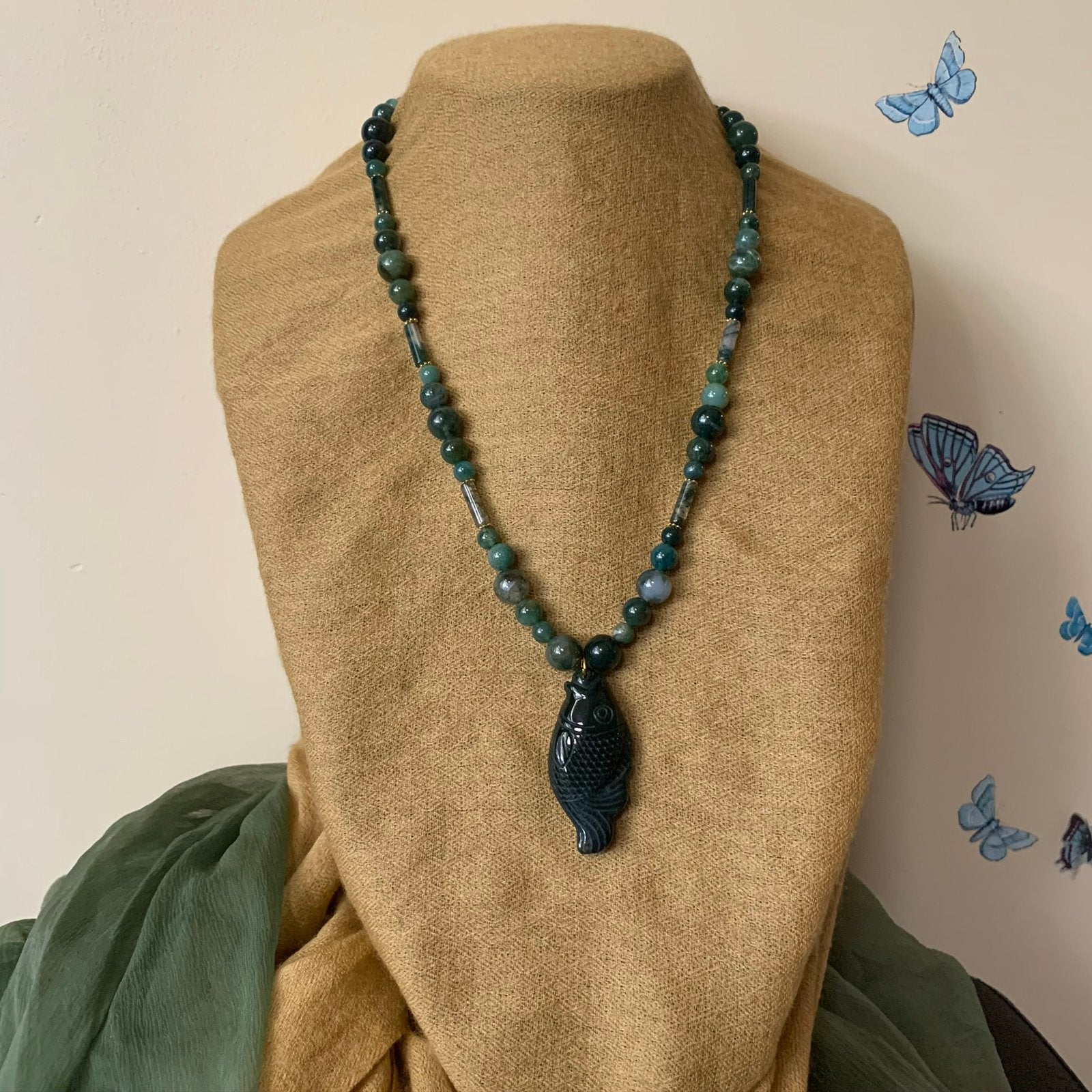 Mosagaat agaat vis hanger beschermt amulet healing uniek, Sieraden, Tassen en Uiterlijk, Kettingen, Nieuw, Ophalen of Verzenden