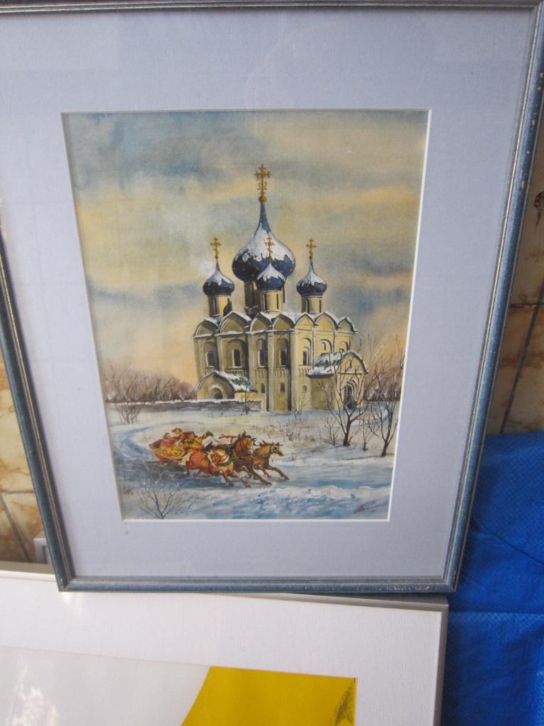 Mooie Russische Ges Aquarel Kerkje , Mensen met Paarden, Ophalen of Verzenden
