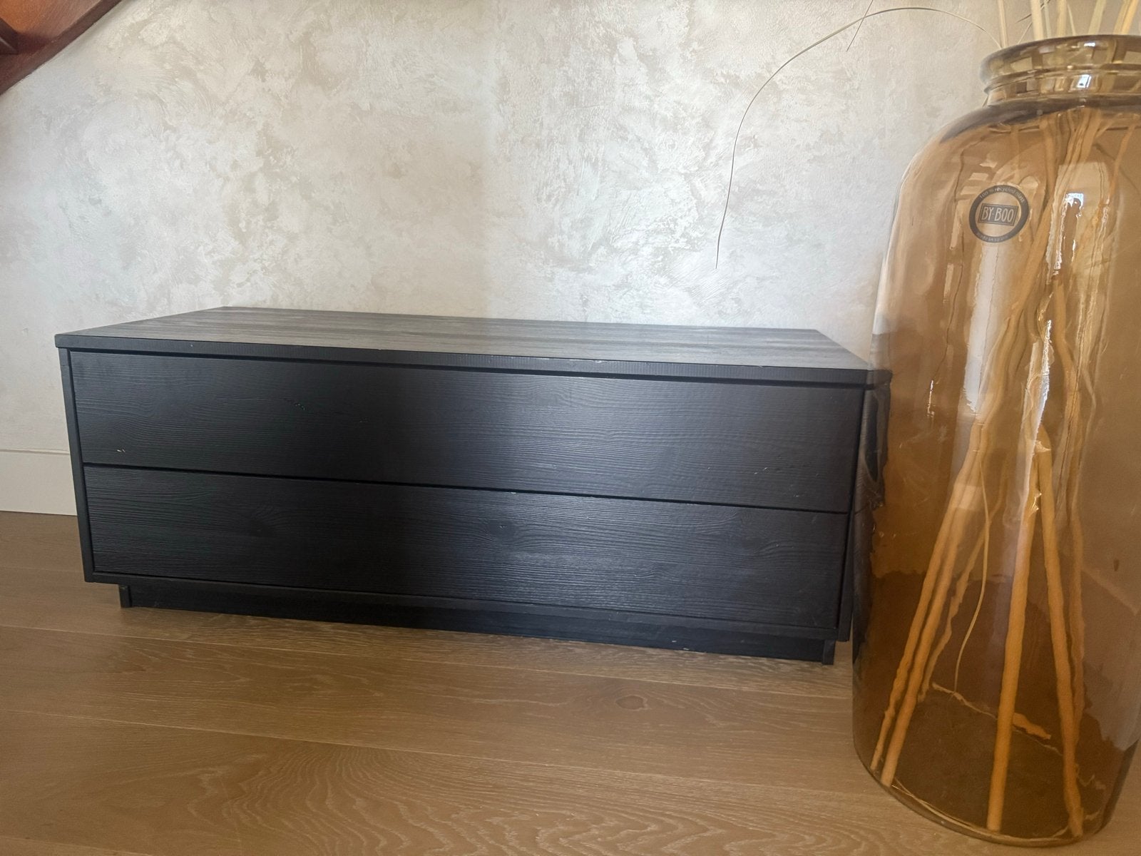 Zwarte houten tv-kast met 2 lades - 100x40x40 cm, Gebruikt, Minder dan 100 cm, 25 tot 50 cm, Overige houtsoorten