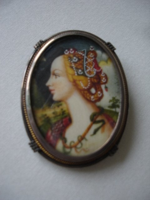 Zilveren hanger, miniatuur haarschildering uit 1976, Italië!, Overige voorstellingen, Ophalen of Verzenden, Zo goed als nieuw
