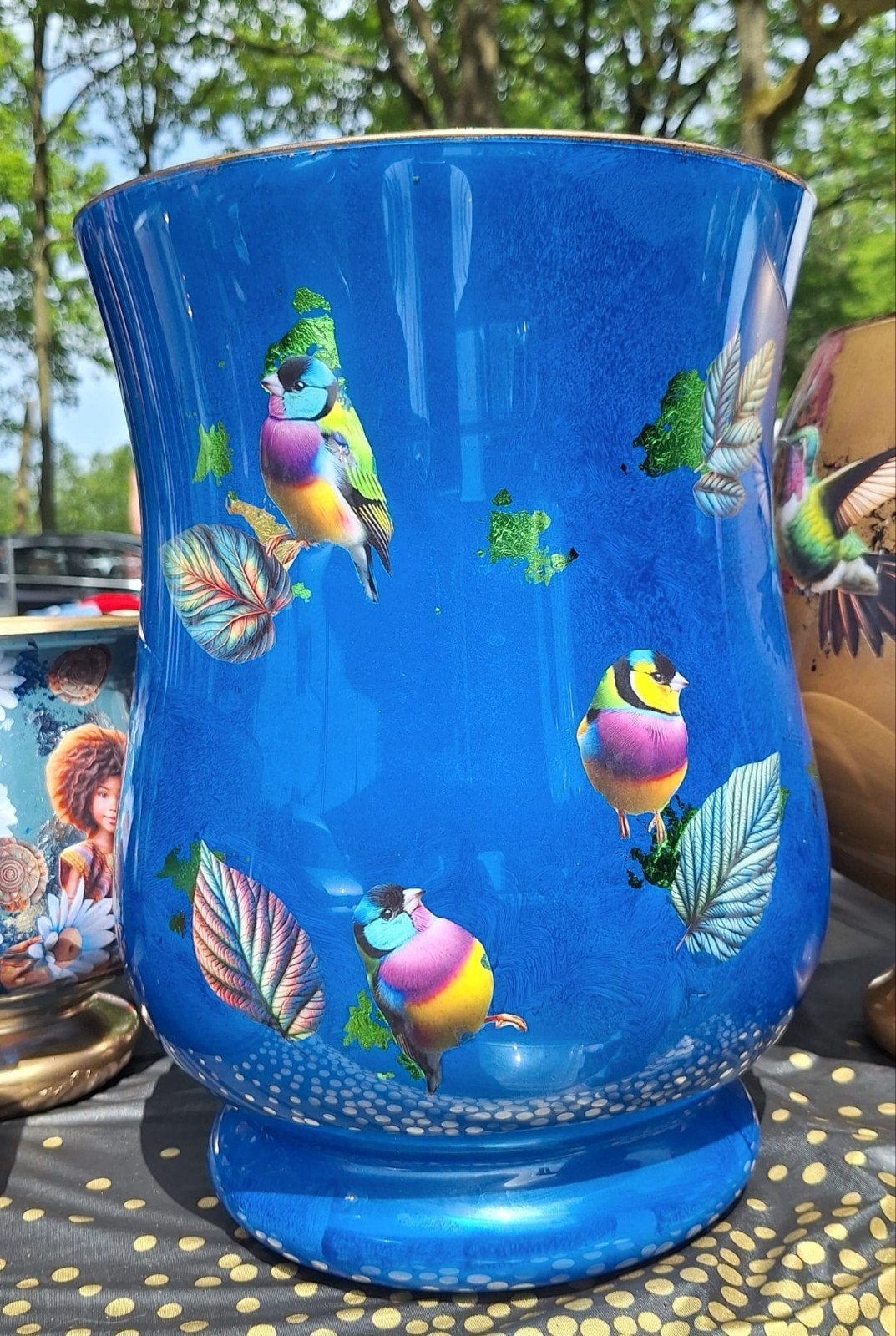 Blauwe vaas met kleurrijke vogels en bladeren, Ophalen of Verzenden