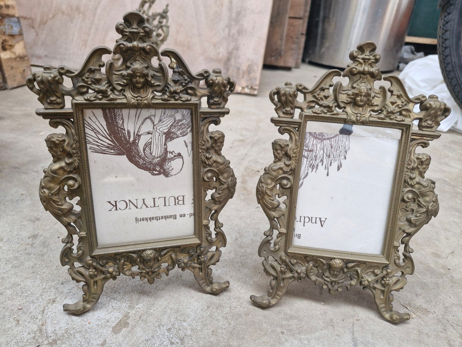 Set van 2 antieke messing/bronzen fotolijsten - Rococo, Antiek en Kunst, Ophalen of Verzenden