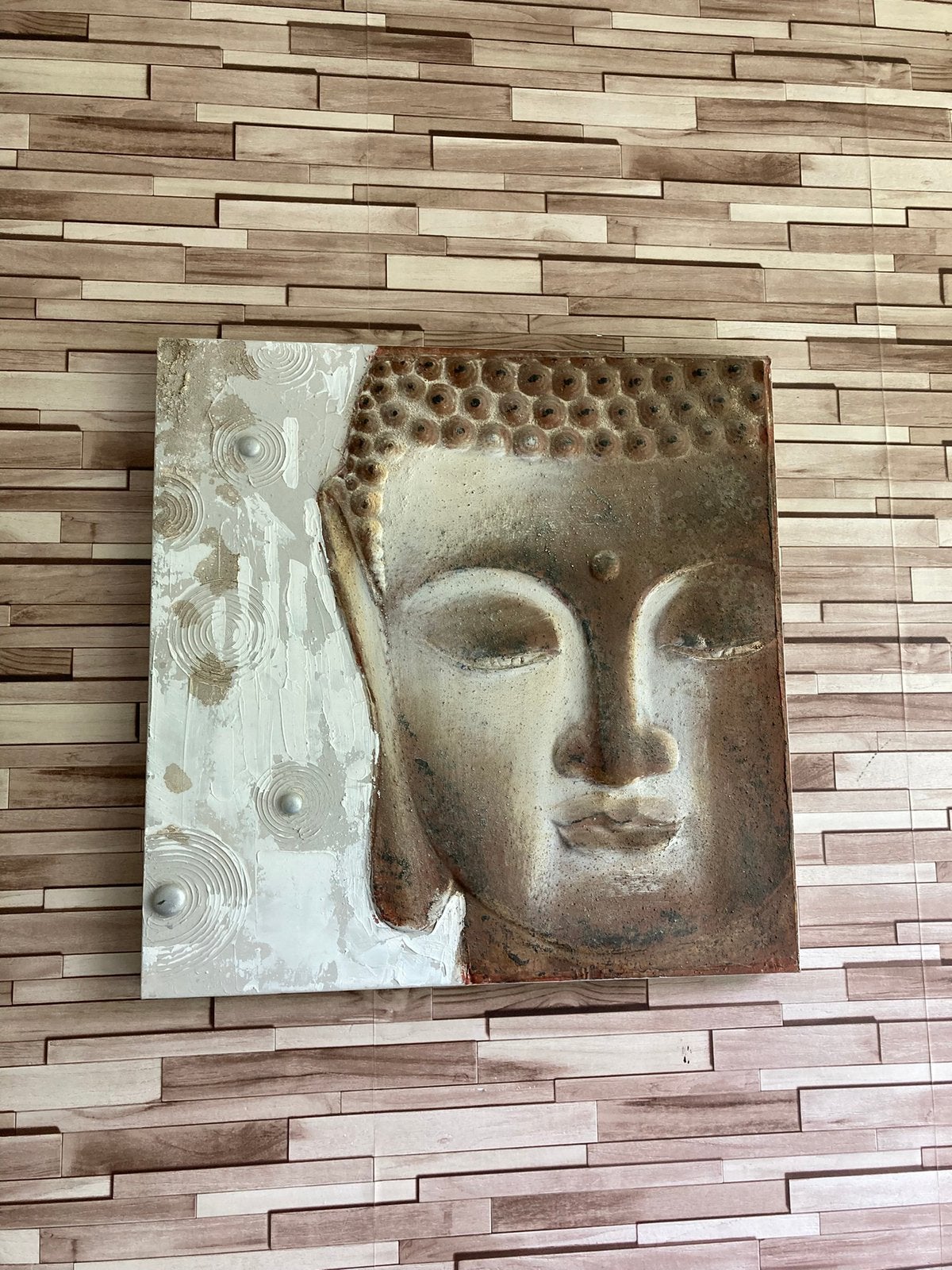 Wanddecoratie Boeddha schilderij 60x60 cm paneel, Ophalen, Zo goed als nieuw