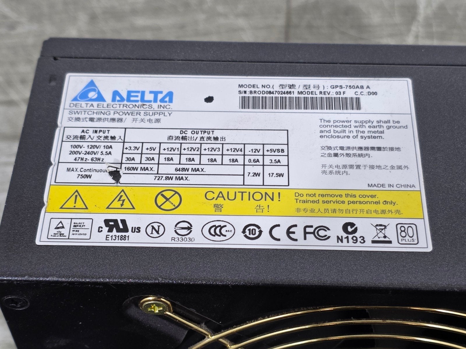 delta Electronics 750w max voeding psu power supply gps-750a, Gebruikt, ., Ophalen of Verzenden, .