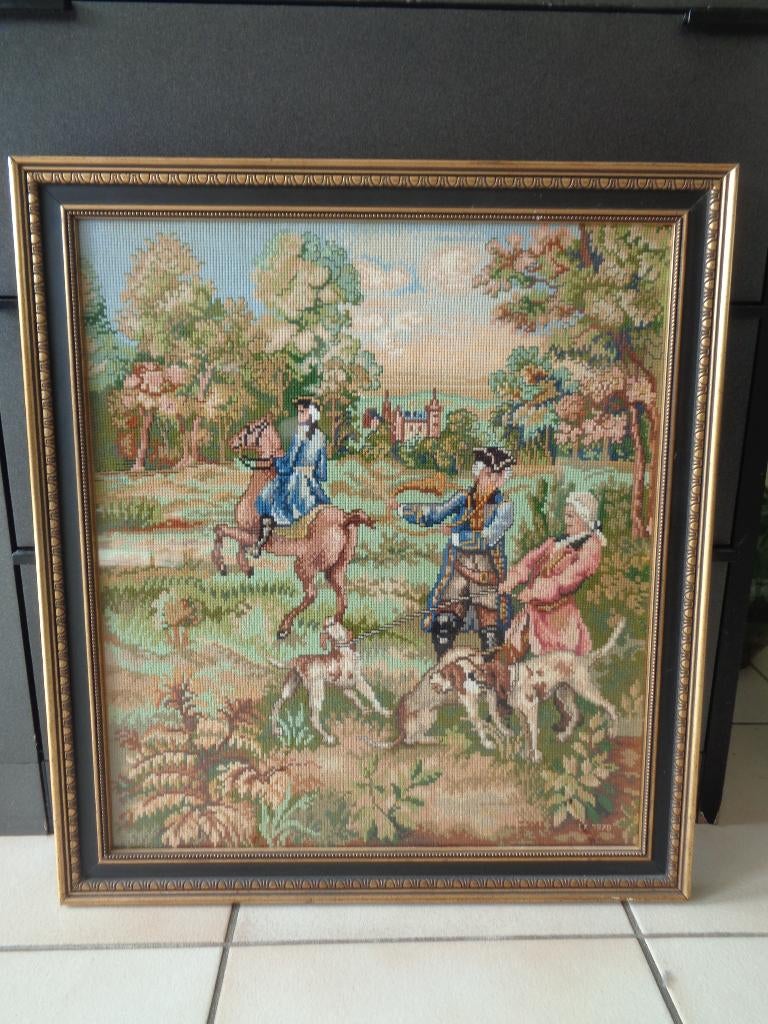 Ingelijst Borduurwerk Jacht met paarden en honden., Ophalen, 50 tot 75 cm, Zo goed als nieuw, Schilderij