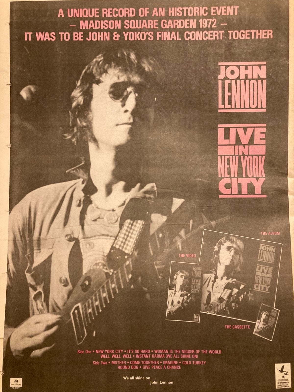 Paginagrote A3 advertentie JOHN LENNON Live New York release, Ophalen of Verzenden, A4 of kleiner