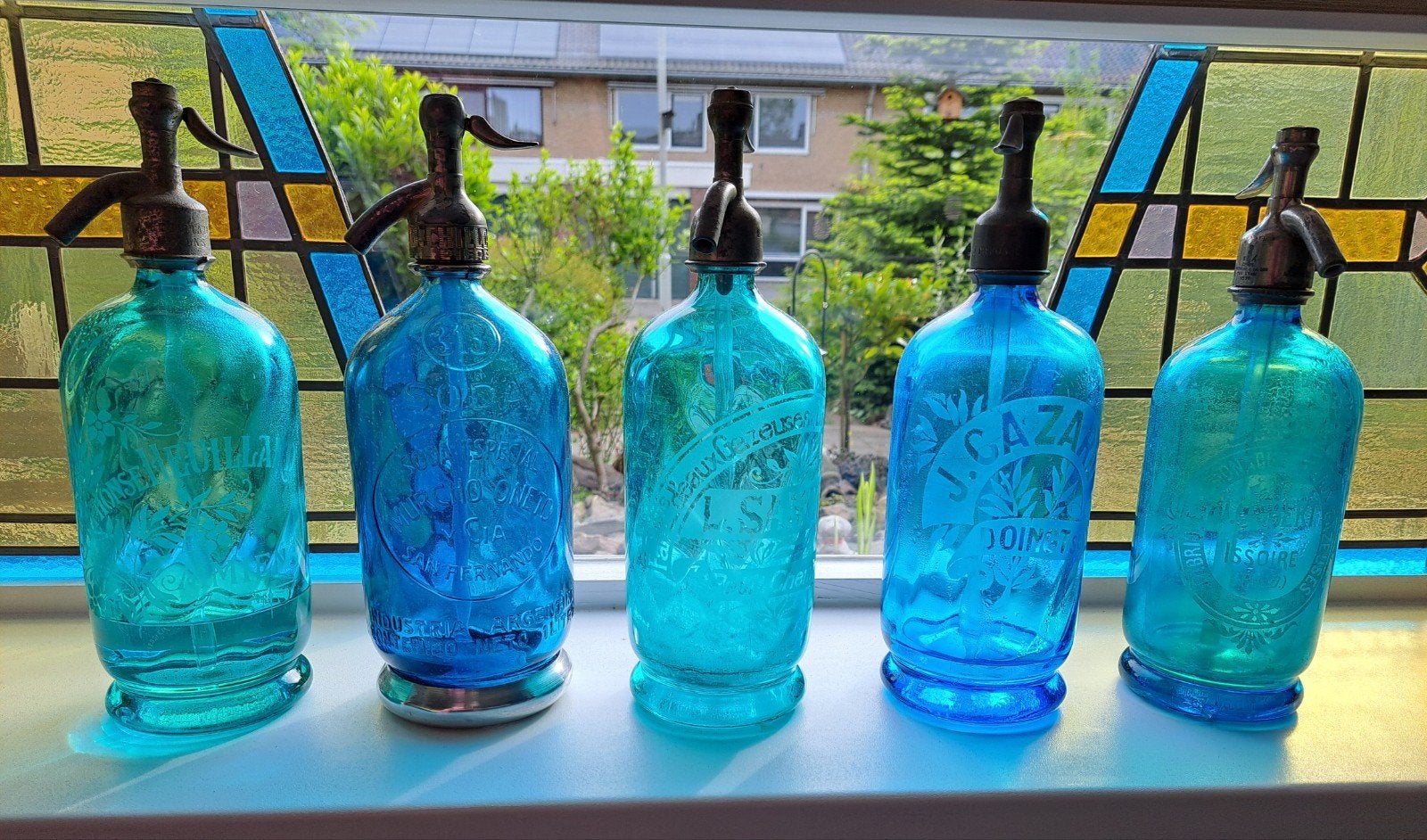Set van 5 zeer oude, zware, spuitflessen € 175, Ophalen of Verzenden