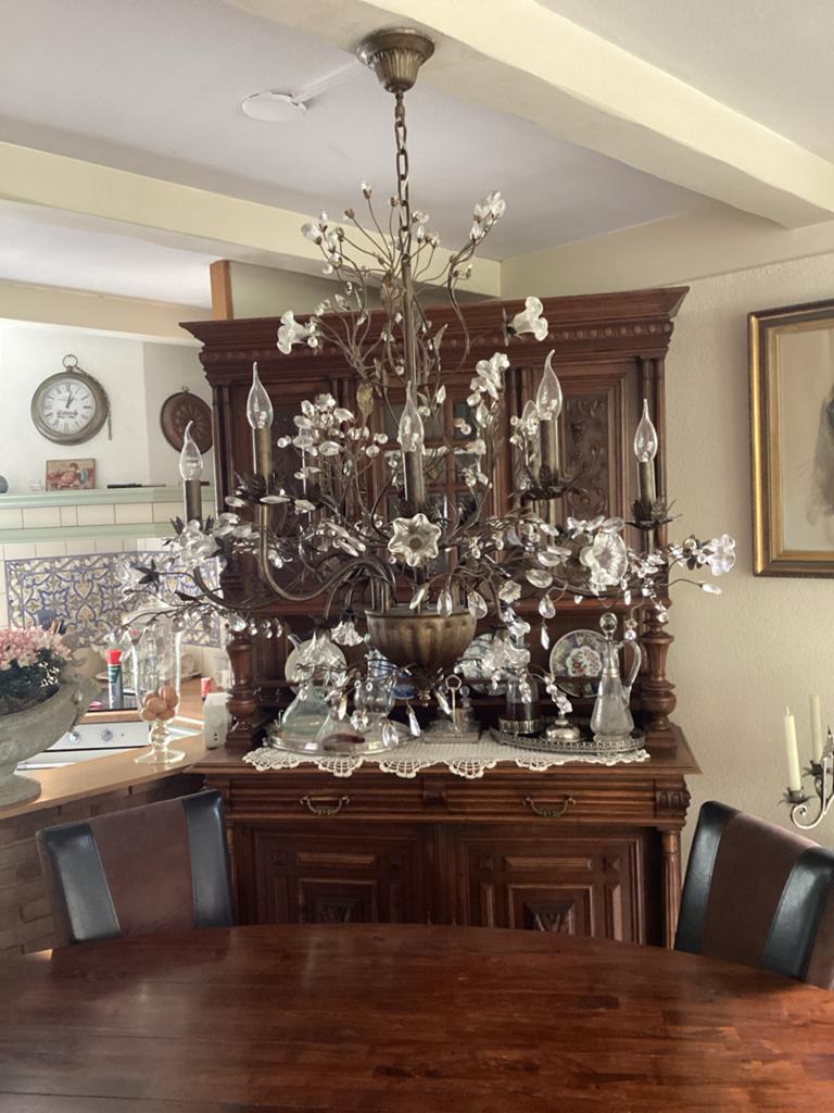 Prachtige vintage hanglamp met kristallen bloemen, Huis en Inrichting, Lampen | Hanglampen, Ophalen, Gebruikt, Glas, 75 cm of meer