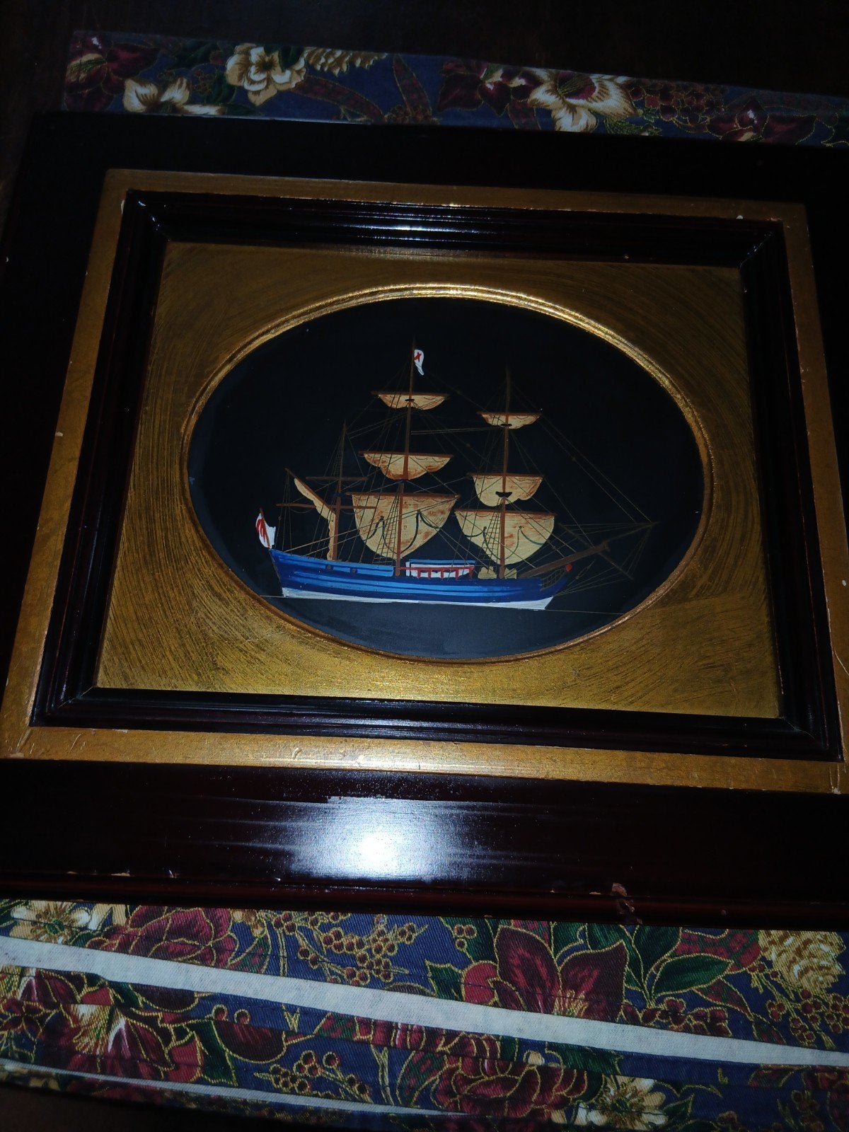 Vintage wanddecoratie:Zeilschip op Zee in Ovale Lijst, Minder dan 50 cm, Gebruikt, Overige typen, Ophalen of Verzenden