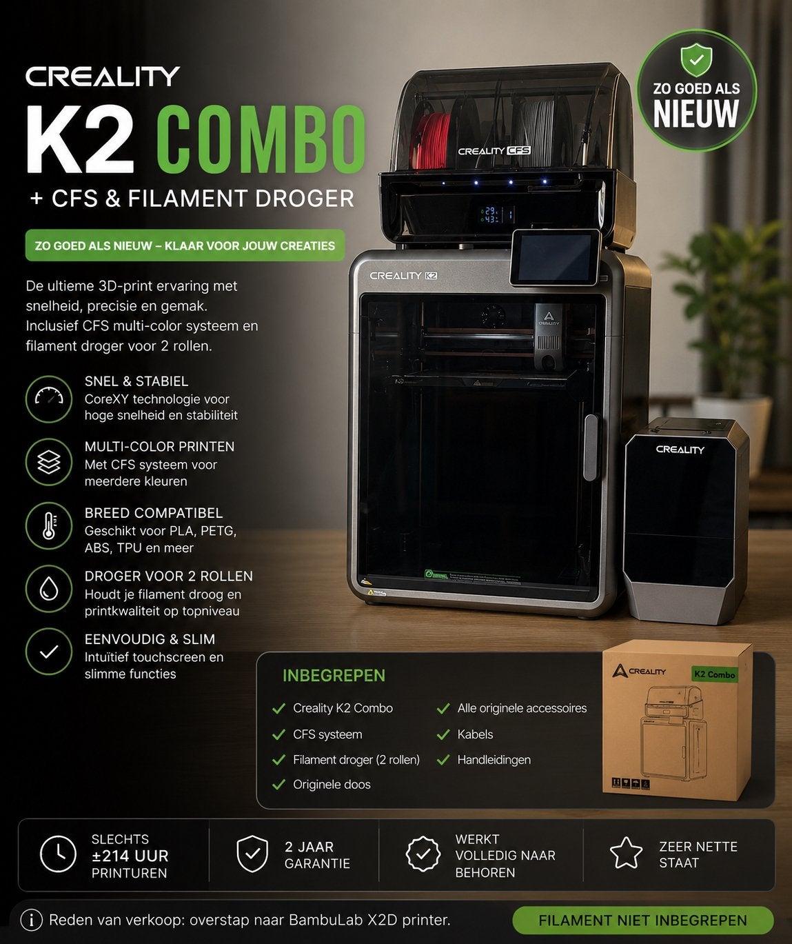 Creality K2Combo droger bijna nieuw 214uur  2 jaar Garantie, Computers en Software, Ingebouwde Wi-Fi, Ophalen of Verzenden, Zo goed als nieuw