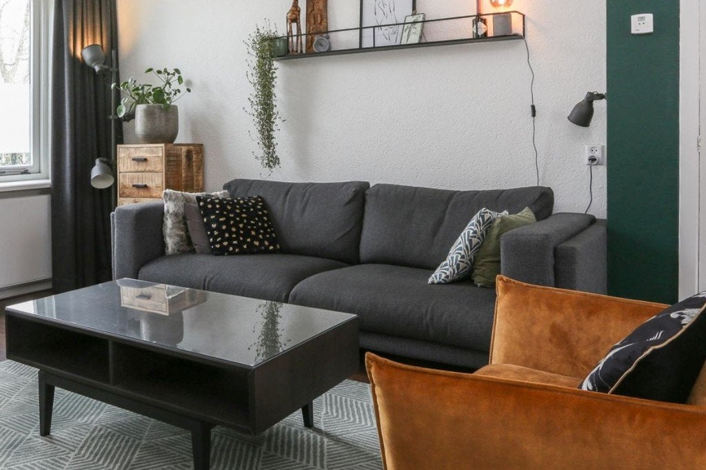 IKEA Nockeby 3-zitsbank - Donkergrijs stof, Ophalen, Hout, 250 tot 300 cm, Gebruikt