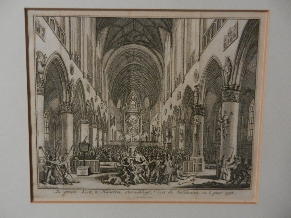Gravure Groote Kerk Haarlem overweldigd in 1578 Fokke/Tirion, Antiek en Kunst, 17 cm, Militair, Ophalen of Verzenden, Gravure