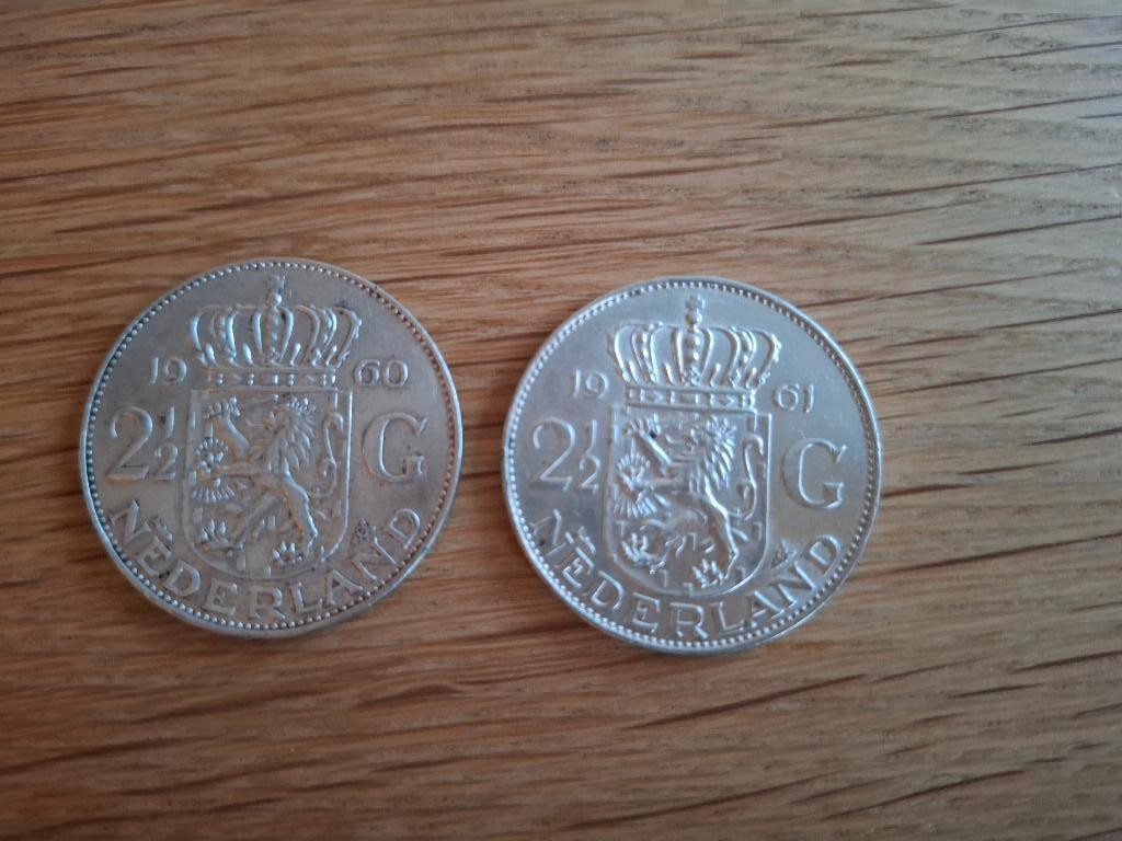 Zilveren rijksdaalder (2½ Gulden) Juliana 1960 & 1961, Postzegels en Munten, Koningin Juliana, Zilver, Ophalen of Verzenden, Losse munt
