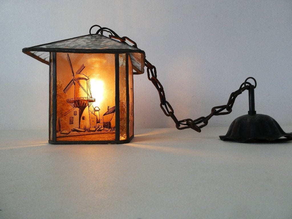 Glas in lood hanglamp lantaarnlamp Hollandse molen ca. 1920, Ophalen of Verzenden