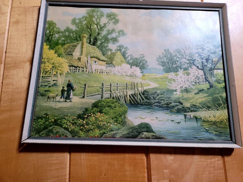Idyllisch Landschap Schilderij met Huisje en Rivier, Ophalen of Verzenden