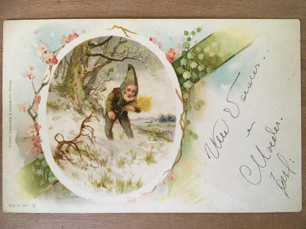 kabouter plukt bloemen voor wie deze kaart is, Ophalen of Verzenden, Voor 1920, Ongelopen, Natuur