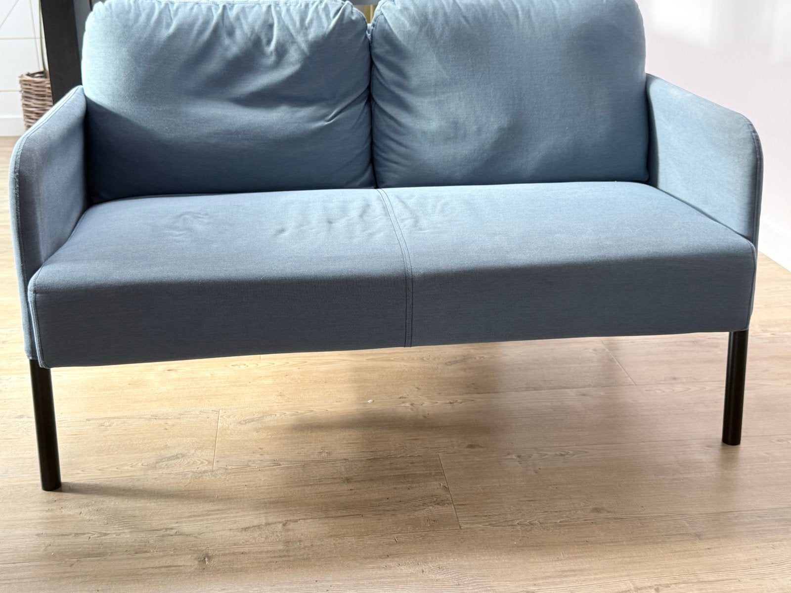 Tweezitsbank in blauwe stof, Gebruikt, 150 tot 200 cm, Tweepersoons, 75 tot 100 cm