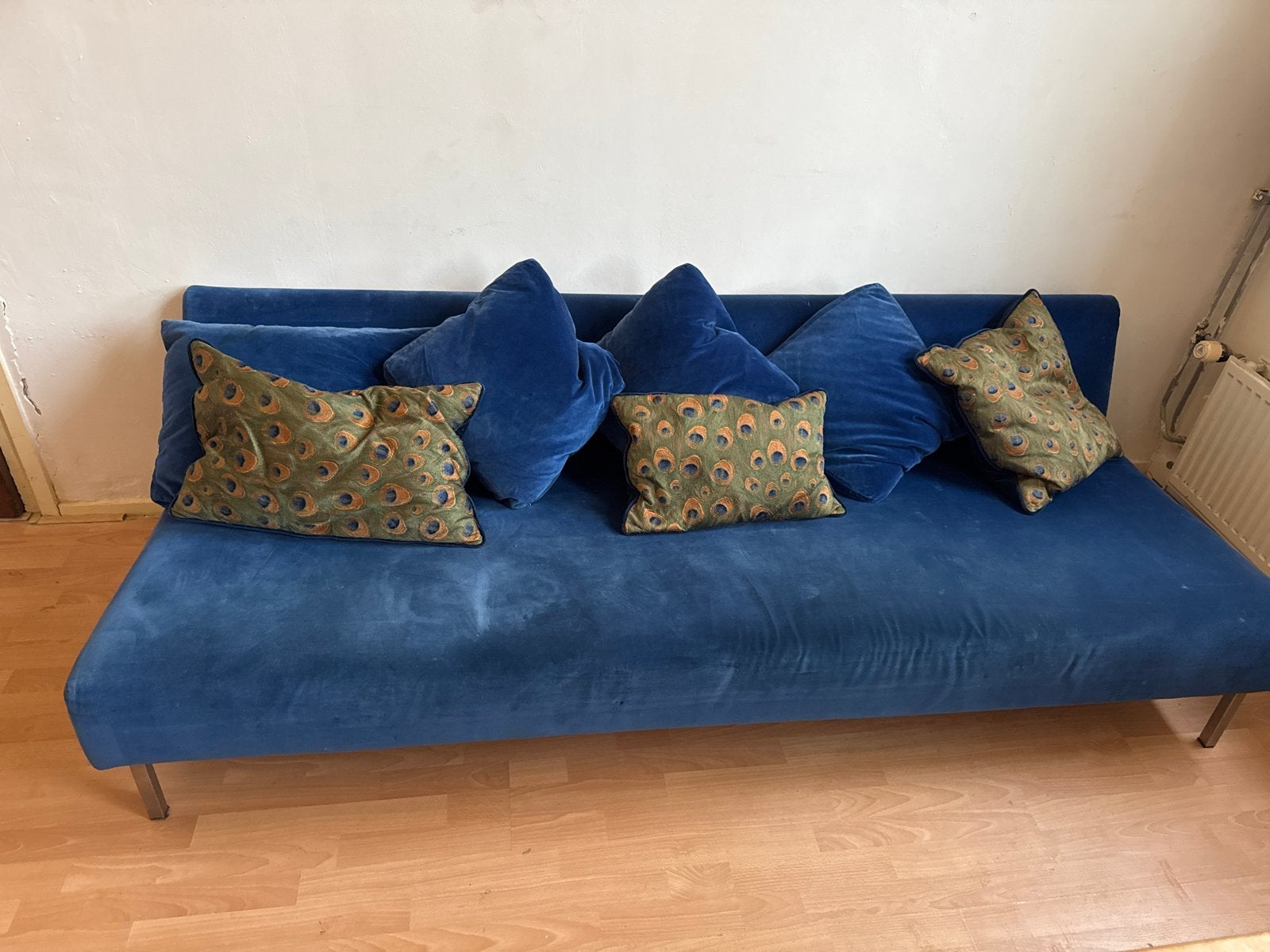 Designers Guild slaapbank - Blauw fluweel, Ophalen, Gebruikt, Driepersoons, 75 tot 100 cm