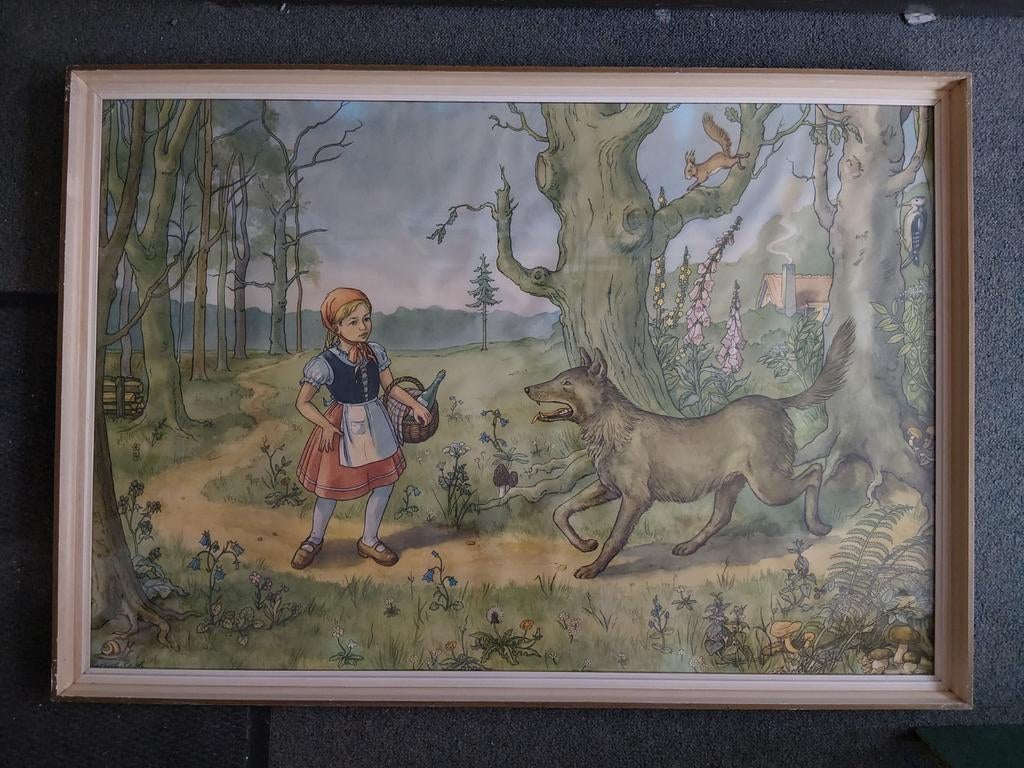 Oude illustratie roodkapje 100x69cm, Antiek en Kunst, Ophalen