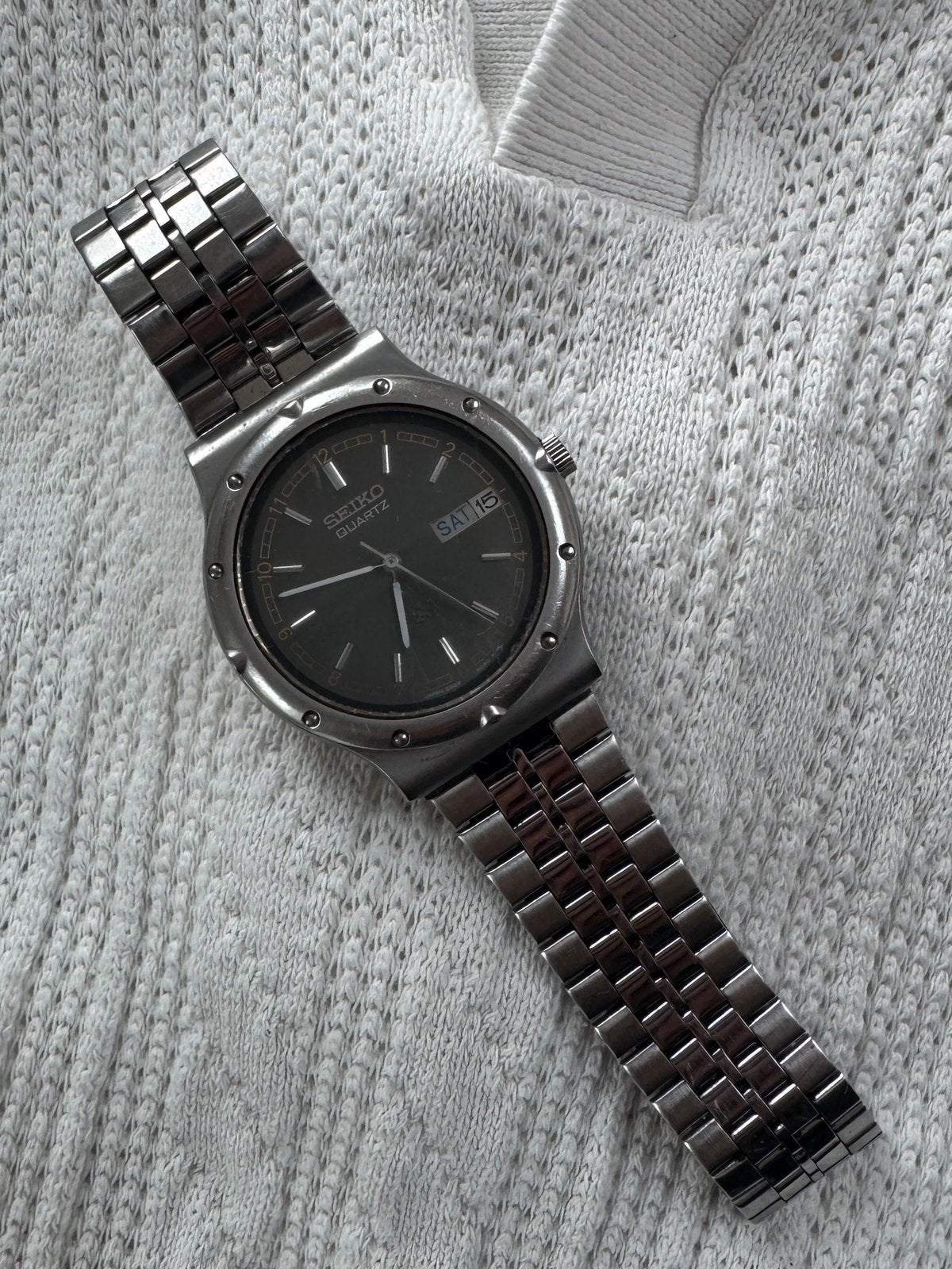 Vintage Seiko Quartz 34mm | New Battery | Day-Date, Ophalen of Verzenden, Staal, Seiko, 1960 of later